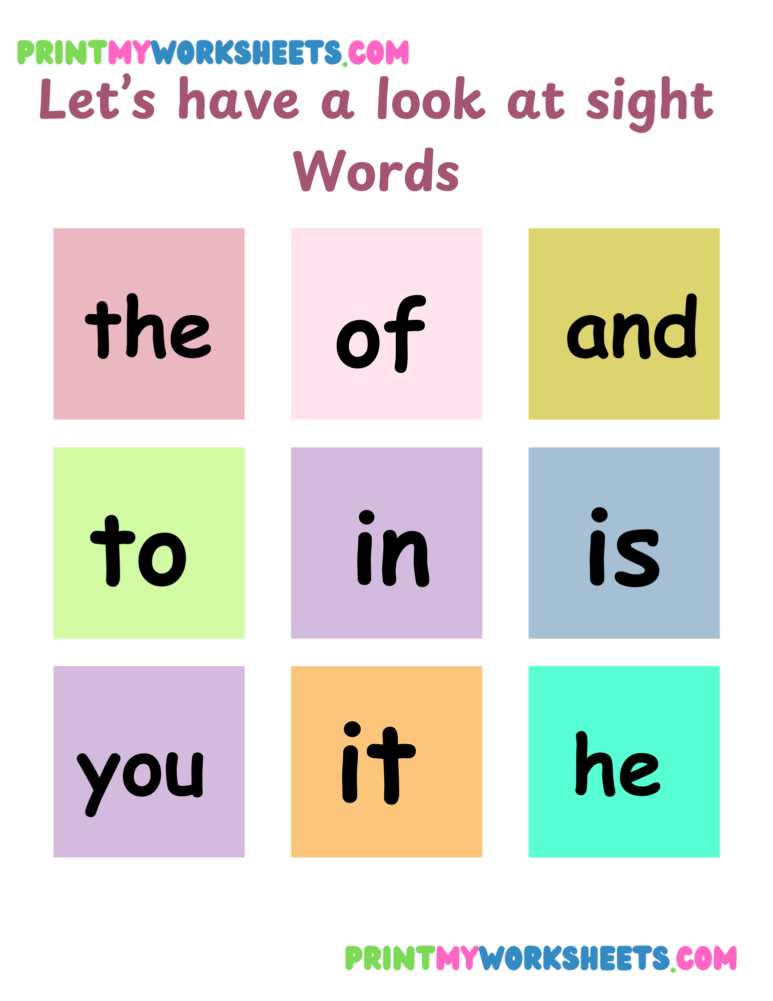 Colorful sight words worksheet grid