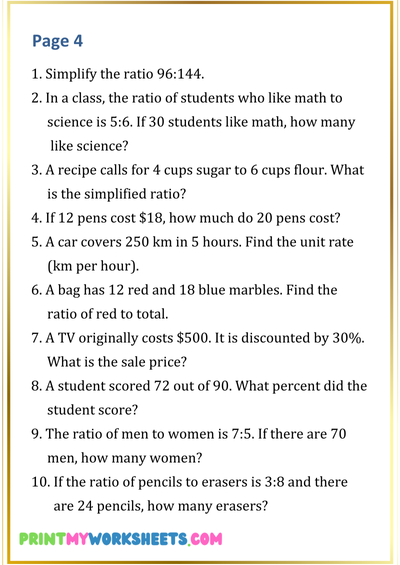 Free 7th Grade Ratios, Proportions & Percents Worksheets