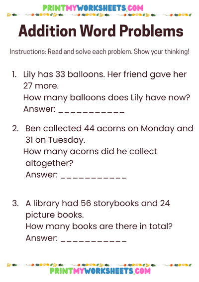 Addition Word Problems Worksheet
